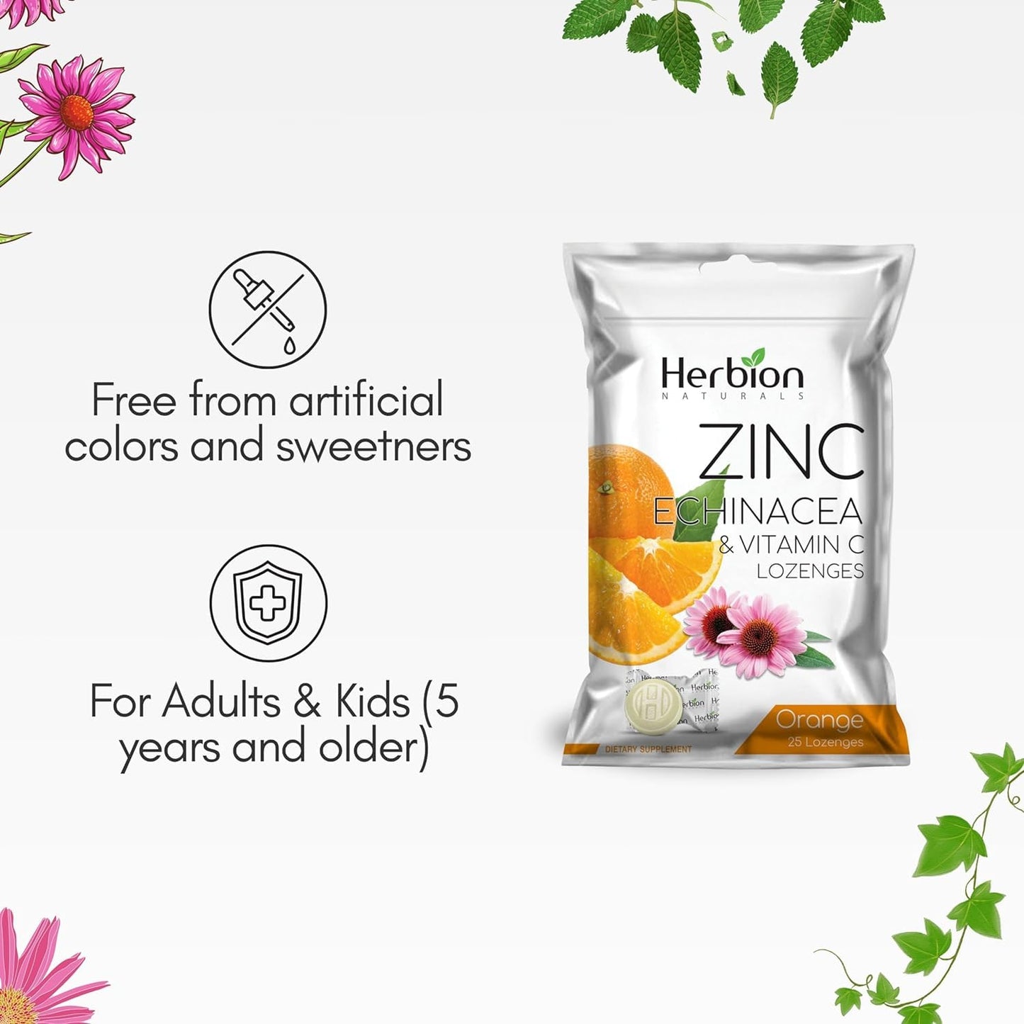 HERBION Naturals Zinc, Echinacea & Vitamin C Lozenges, 25 Count