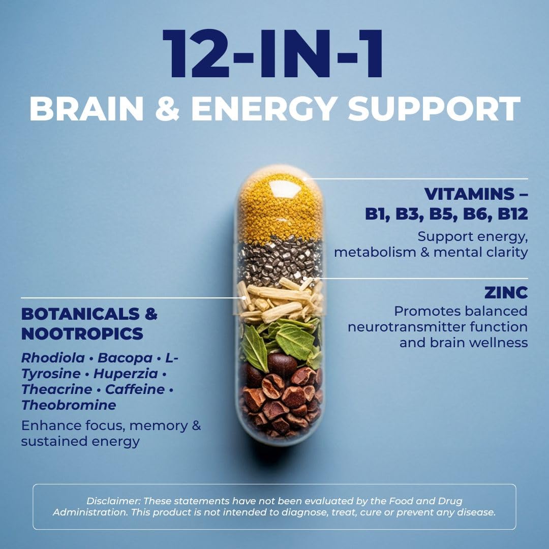 VITAL NUTRITIVE Nootropic 12in1 Brain Supplement for Memory, Focus & Energy 30 Capsules