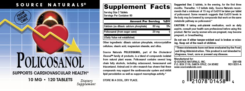 Source Naturals Policosanol 10 mg Supports Cardiovascular Health, 120 Tablets