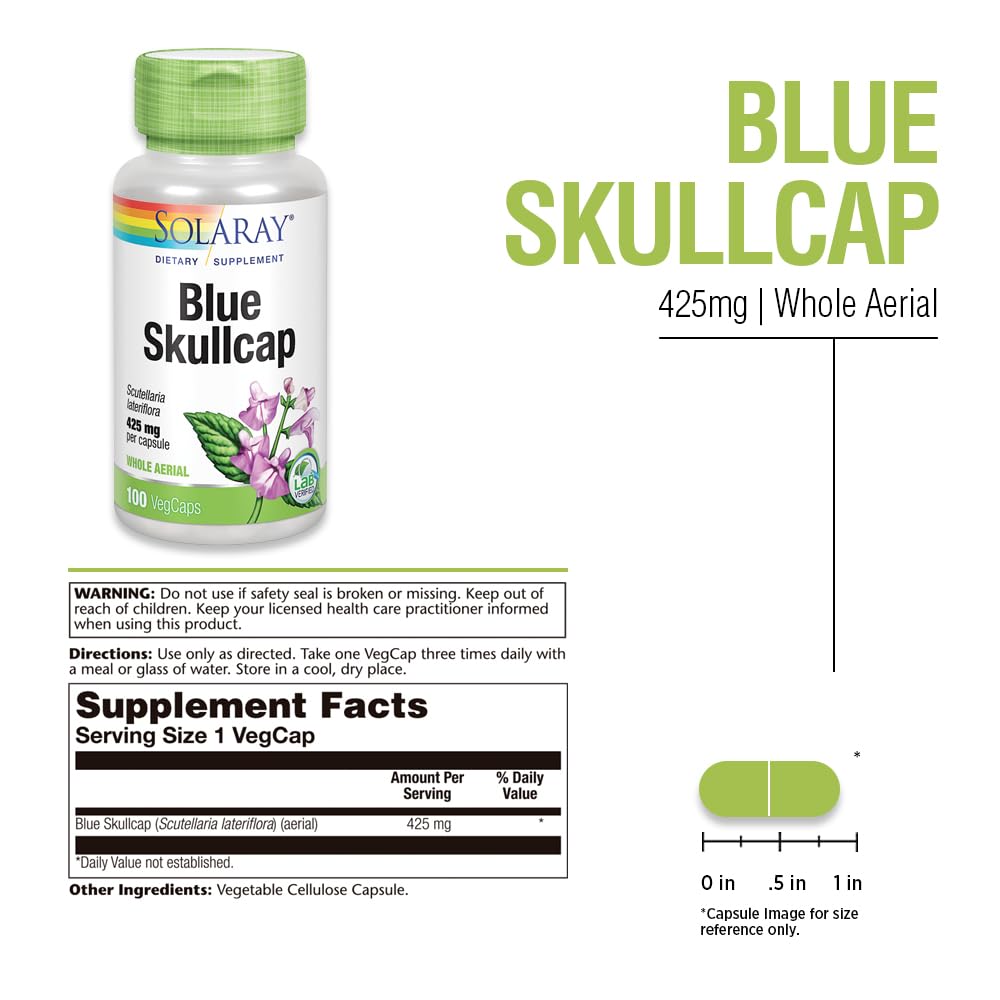 SOLARAY Blue Skullcap 425mg Whole Aerial Healthy Mood and Normal GABA Activity Support, Vegan, 100 VegCaps