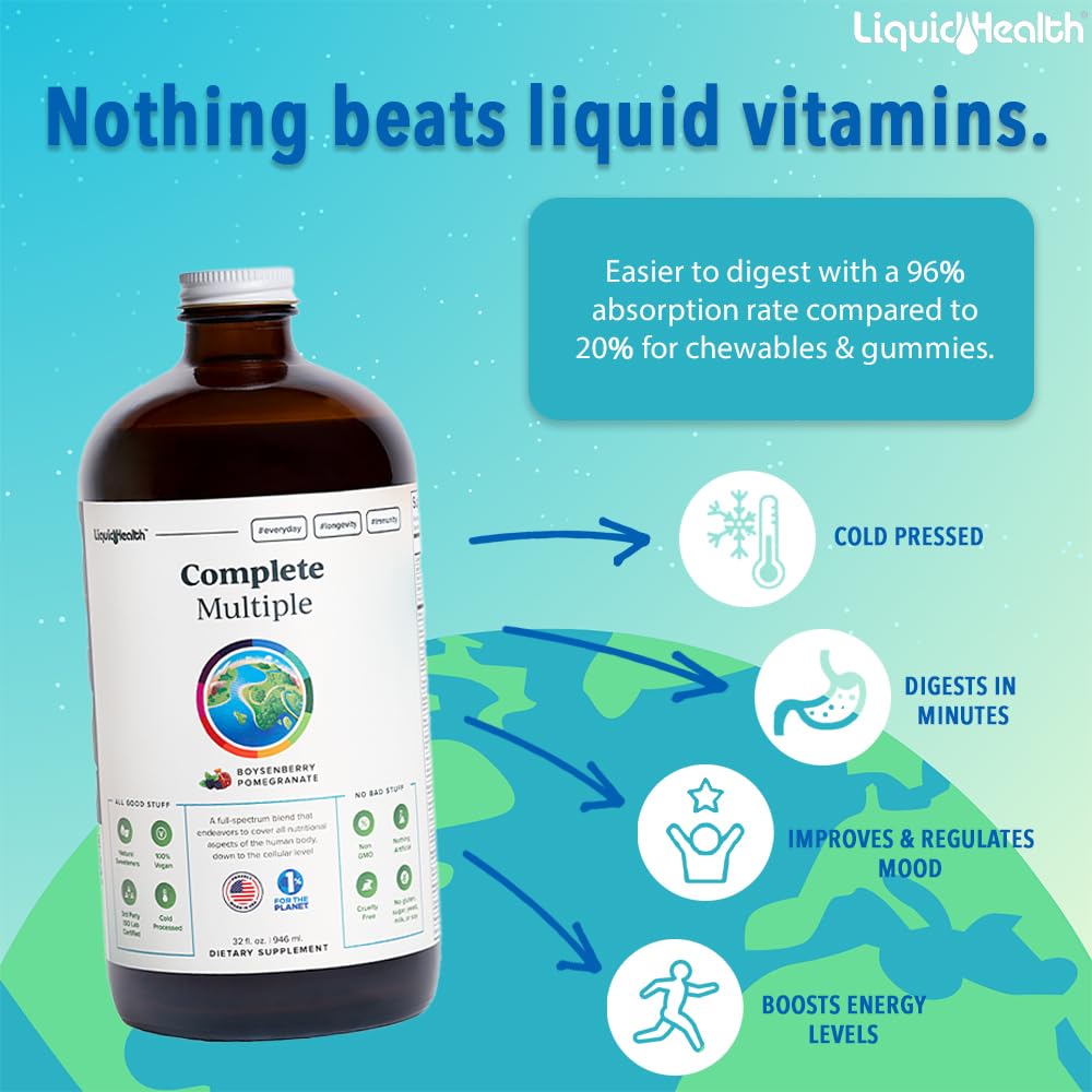 LIQUIDHEALTH Vegan Liquid Collagen Plus Biotin Drops & Complete Adult Daily Multivitamin Wellness Bundle Powder