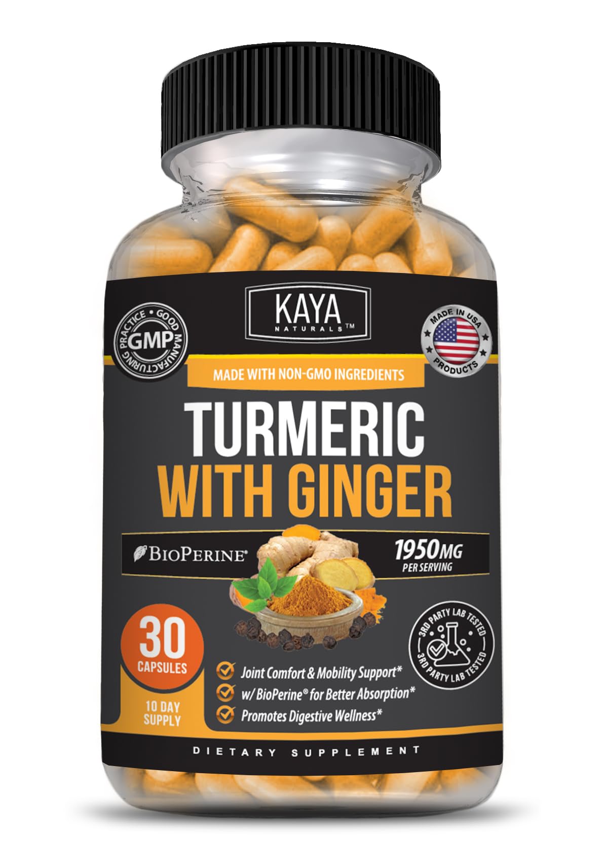 Kaya Naturals Tumeric Curcumin Standardized - Tumeric Ginger Supplement Movement Support with Bioperine - 1950mg - 30 Capsules