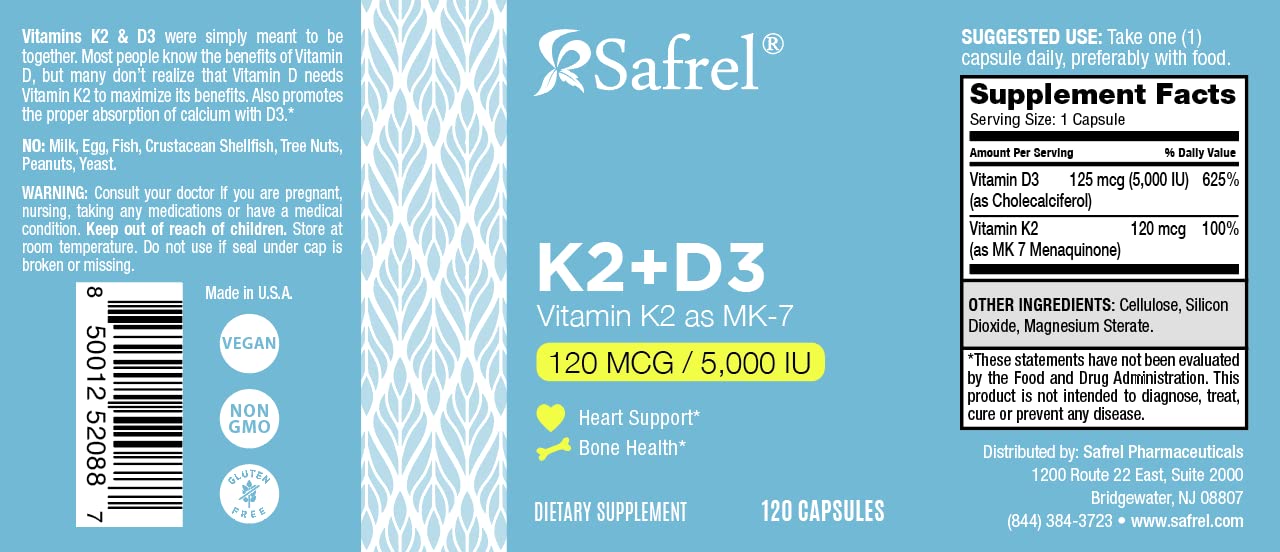 Safrel Vitamin K2 (MK7) 120 MCG and D3 5000 IU Capsule, 120 Count
