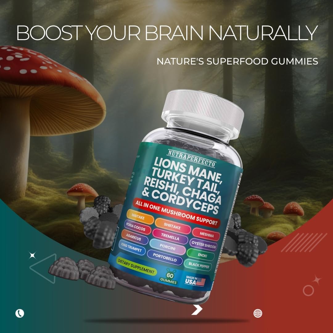 NutraPerfecto Organic Mushroom Gummies 20 in 1 Complex with Lion's Mane, Reishi, Chaga, Cordyceps, Enoki, Oyster, Turkey Tail, Vegan, 60 Gummies