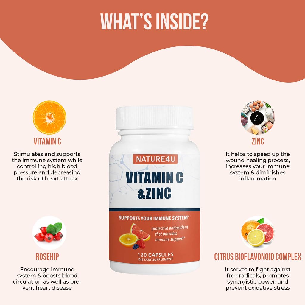 Nature4U Vitamin C 1000mg with Zinc, Rose Hips and Citrus Bioflavonoids Capsules, 120
