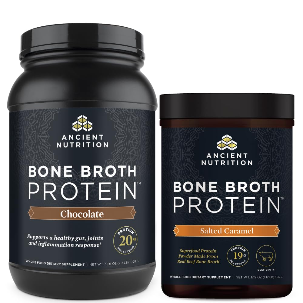 Ancient Nutrition Bone Broth Protein Powder, Chocolate (40 Servings) + Beef Bone Broth Protein Powder, Salted Caramel (20 Servings)