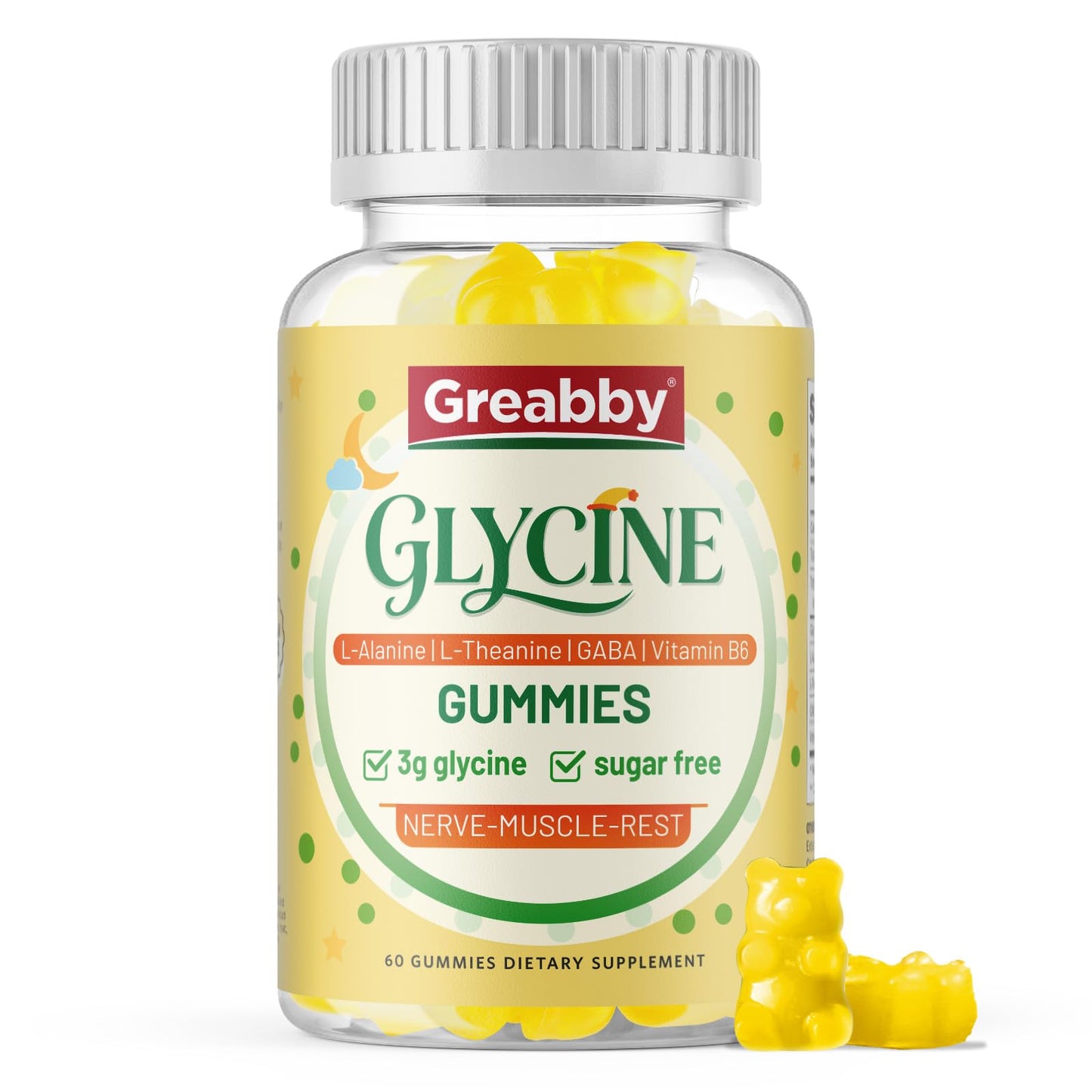 GREABBY Glycine 3g Gummies with L-Alanine 1000 mg, L-Theanine, GABA, Vitamin B6, Sleep Support, Muscle Relaxation, High Absorption Glycine Supplements for Adults, Sugar Free Pineapple Flavor, 60 Gummies