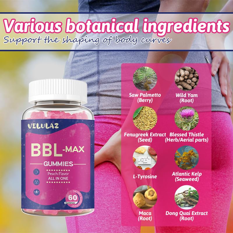 velulaz BBL Gummies for Women with Bear Shape Booty Gummies with Herbal Ingredients - Peach Flavor Gummy 60 Count