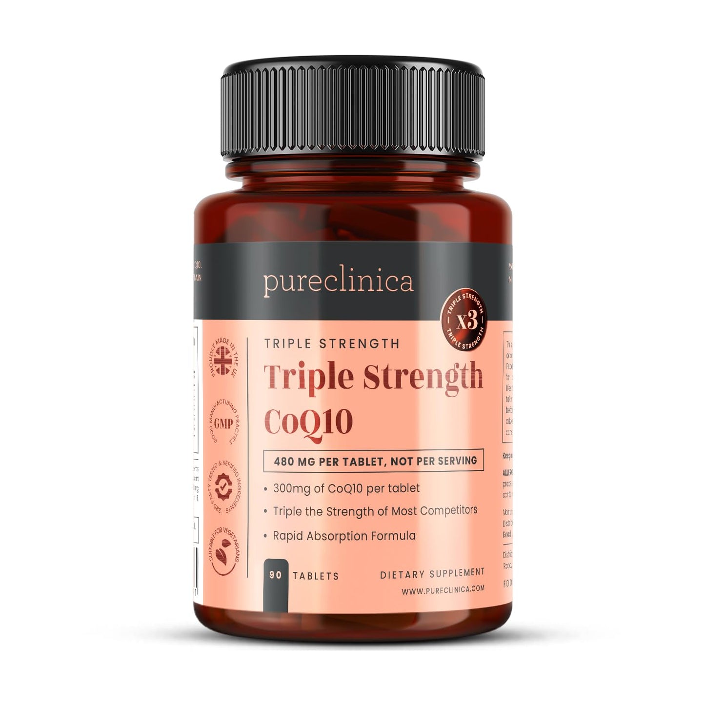 pureclinica Fermented CoQ10 300mg Tablets, 90 Count, with Added Vitamin C and Black Pepper Extract for Absorption