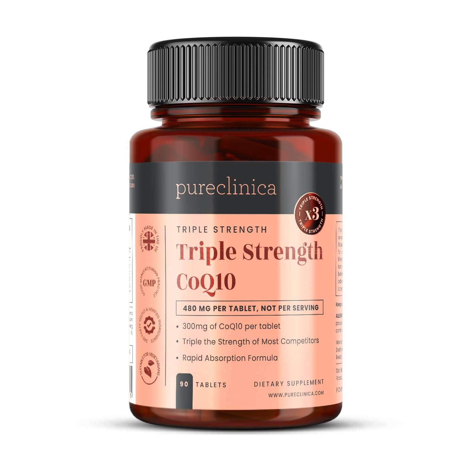 pureclinica Fermented CoQ10 300mg Tablets, 90 Count, with Added Vitamin C and Black Pepper Extract for Absorption