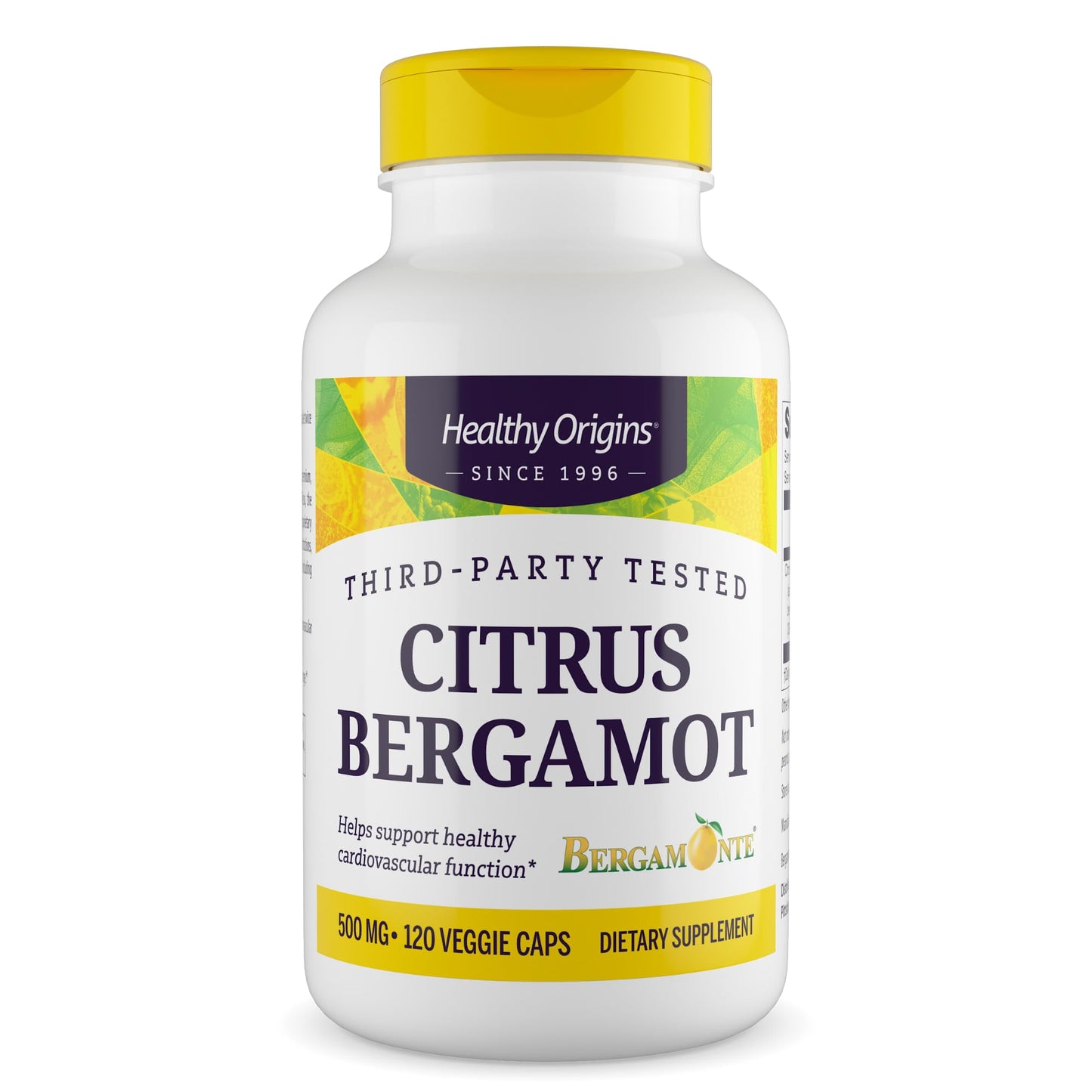 Healthy Origins Citrus Bergamot 500 mg Bergamonte® Patented Extract 38% Polyphenols Cardiovascular & Metabolic Support Third-Party Tested Capsules 120