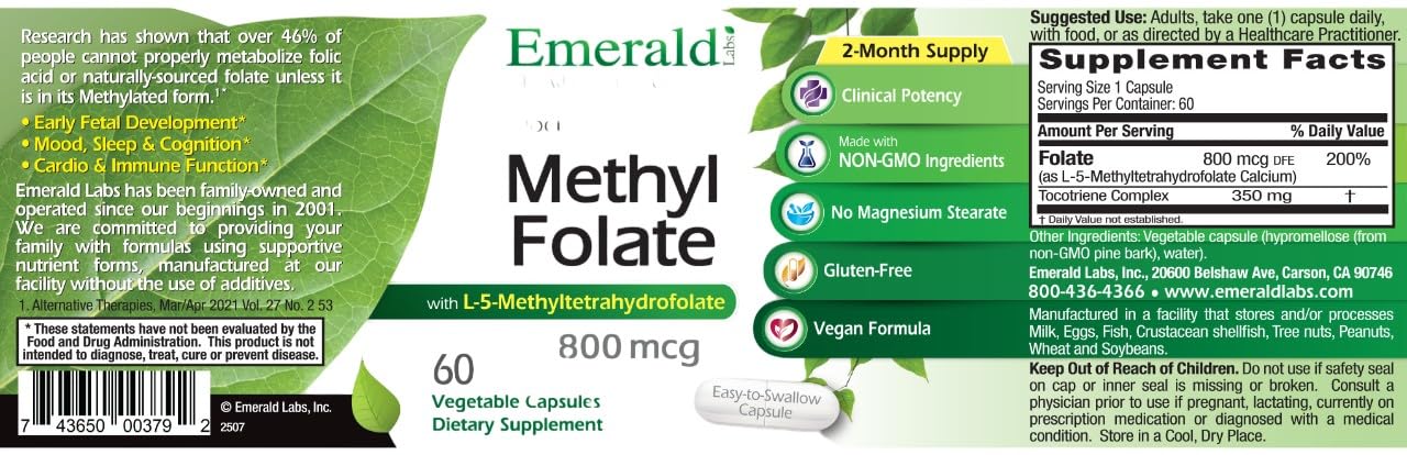 Emerald Labs Methyl Folate 800 mcg Capsule, 60 Capsules