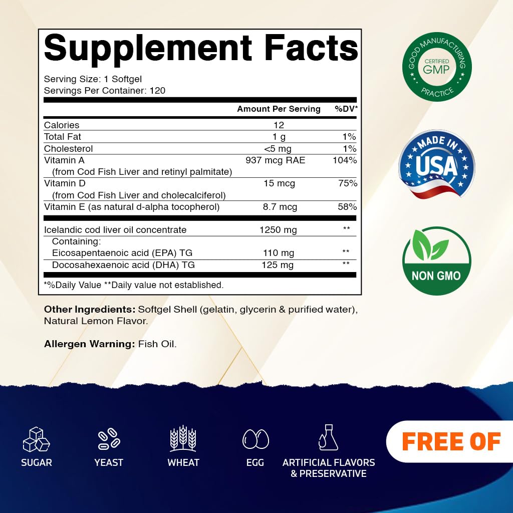 Vitamatic Icelandic Cod Liver Oil 1250 mg Lemon Softgels 120
