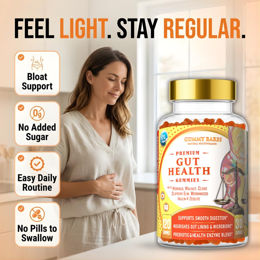 Gummy Bares Natural Multivitamins Gut Support Gummies with Prebiotic Fiber (Inulin) for Digestive Comfort, Gut Microbiome, Gas & Bloating, and Regularity Support, 120 Gummies