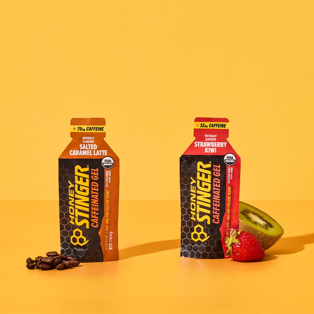 Honey Stinger Caffeinated Organic Energy Gel Variety Pack of 24, 12 Packs Each of Salted Caramel Latte & Strawberry Kiwi, Caffeinated & Gluten Free, for All Exercises, Sports Nutrition for Home & Gym