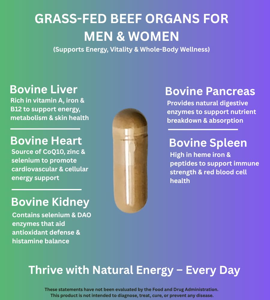 PrimoNourish Grass-Fed Beef Organ Supplement for Energy & Vitality 180 Capsules