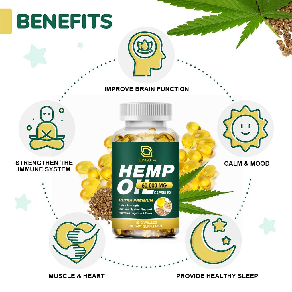 GONGOTA Hemp Oil Capsules 60,000 Max Strength, 100% Organic Hemp Oil, 180 Capsules