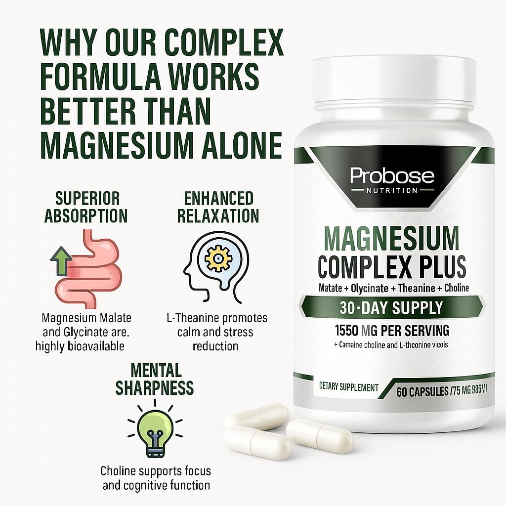 Probase Nutrition Magnesium Complex Plus with Glycinate, Malate, L-Theanine and Choline 60 Capsules