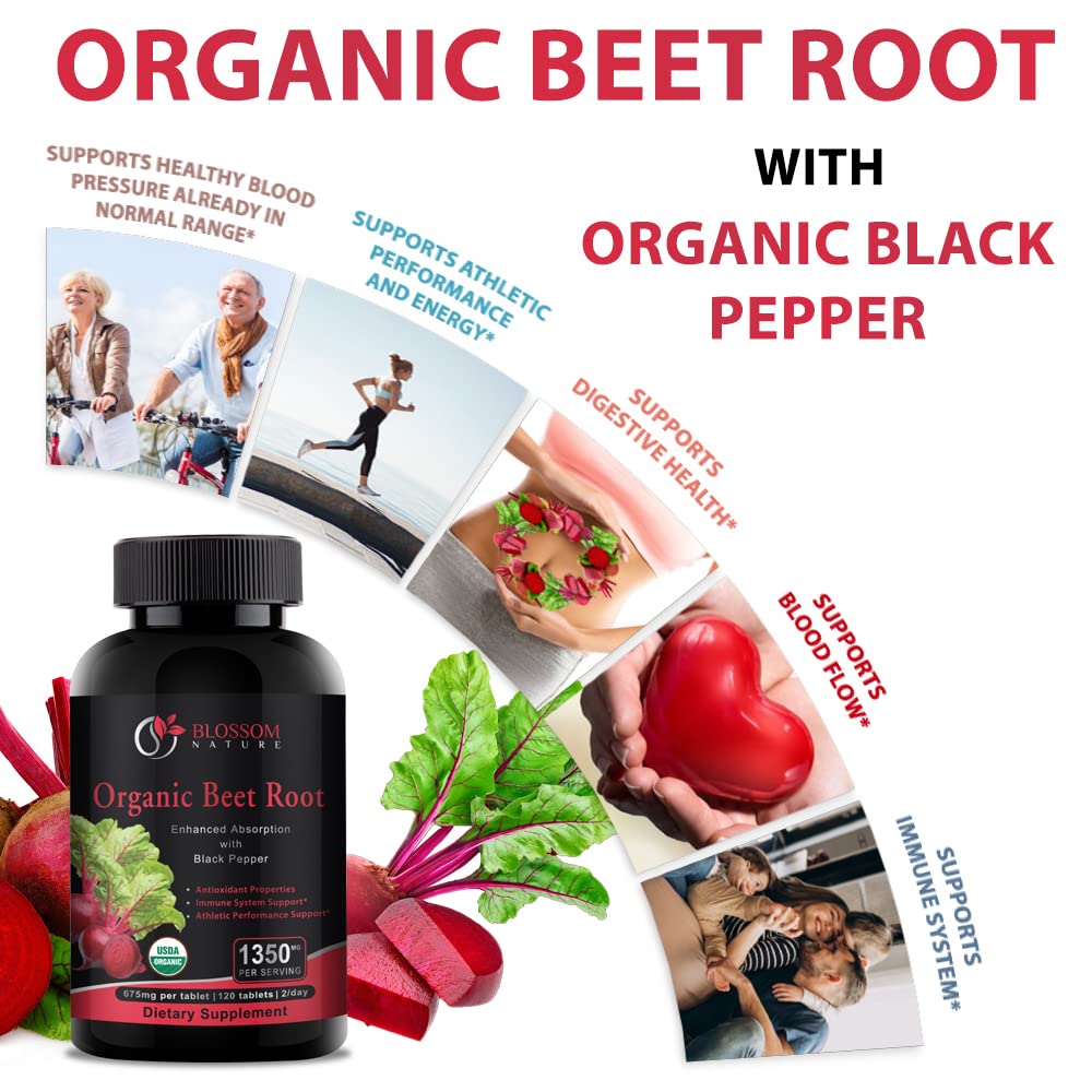 Blossom Nature Organic Beet Root Powder 1350mg with Black Pepper-Nitric Oxide Booster, 120 Capsules
