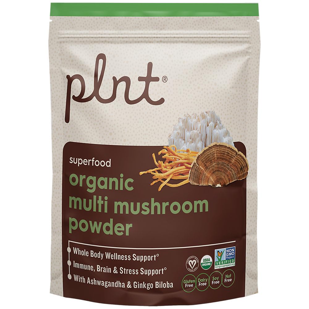 plnt Organic Multi-Mushroom Powder with Ashwagandha and Ginkgo Biloba Immune, Brain & Stress Support, Powder, 3.7