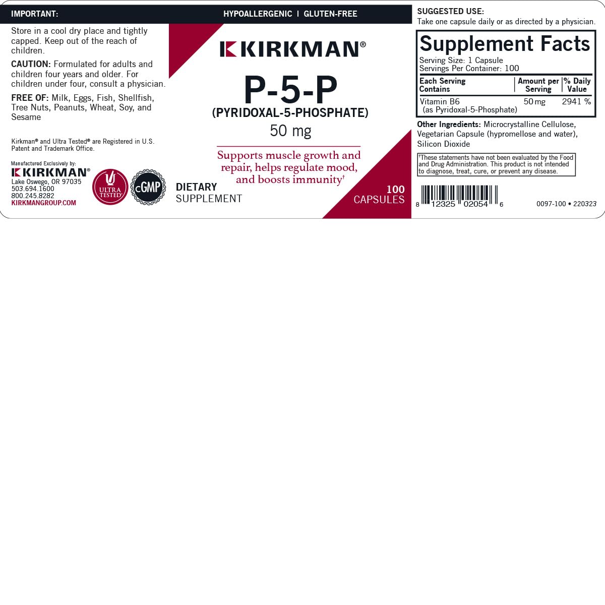 Kirkman P-5-P Pyridoxal 5-Phosphate Vitamin B-6 Metabolite 50 mg Capsules, 100 Count