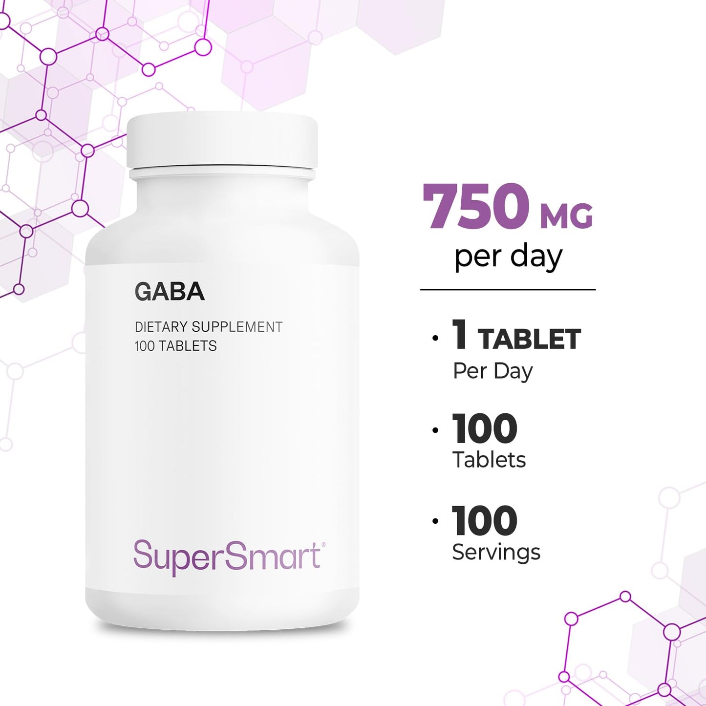 Supersmart GABA 750mg per Day (High Strength) Gamma-Amino Butyric Acid GABA Supplement Tablet, 100 Tablets