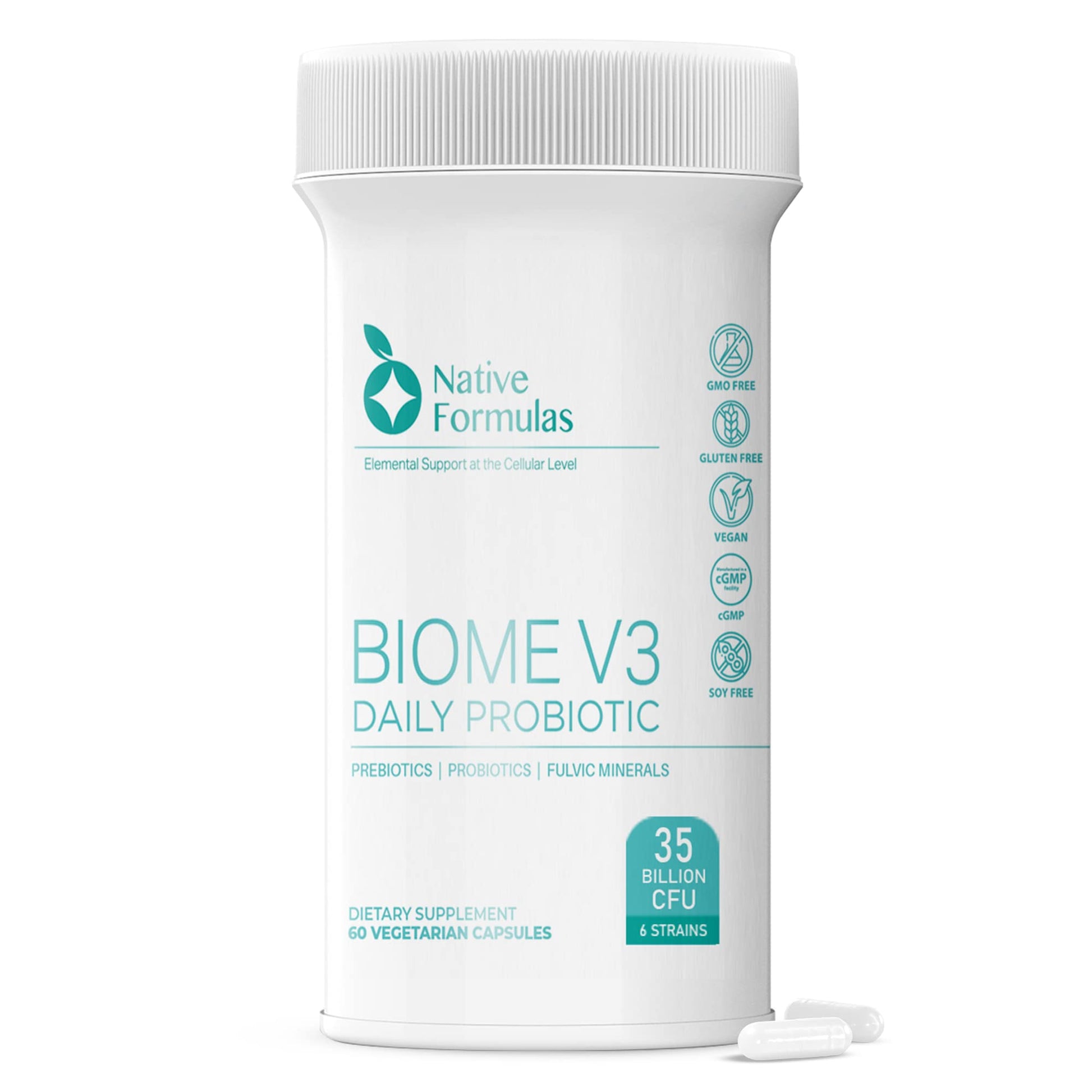 Native Formulas Biome V3 Probiotic, Prebiotic, & Fulvic Minerals Supplements 60 Vegan Capsules - 35 Billion CFU, 6 Strains, FODMAP Friendly, Supports Digestive, Immune & Gut Health