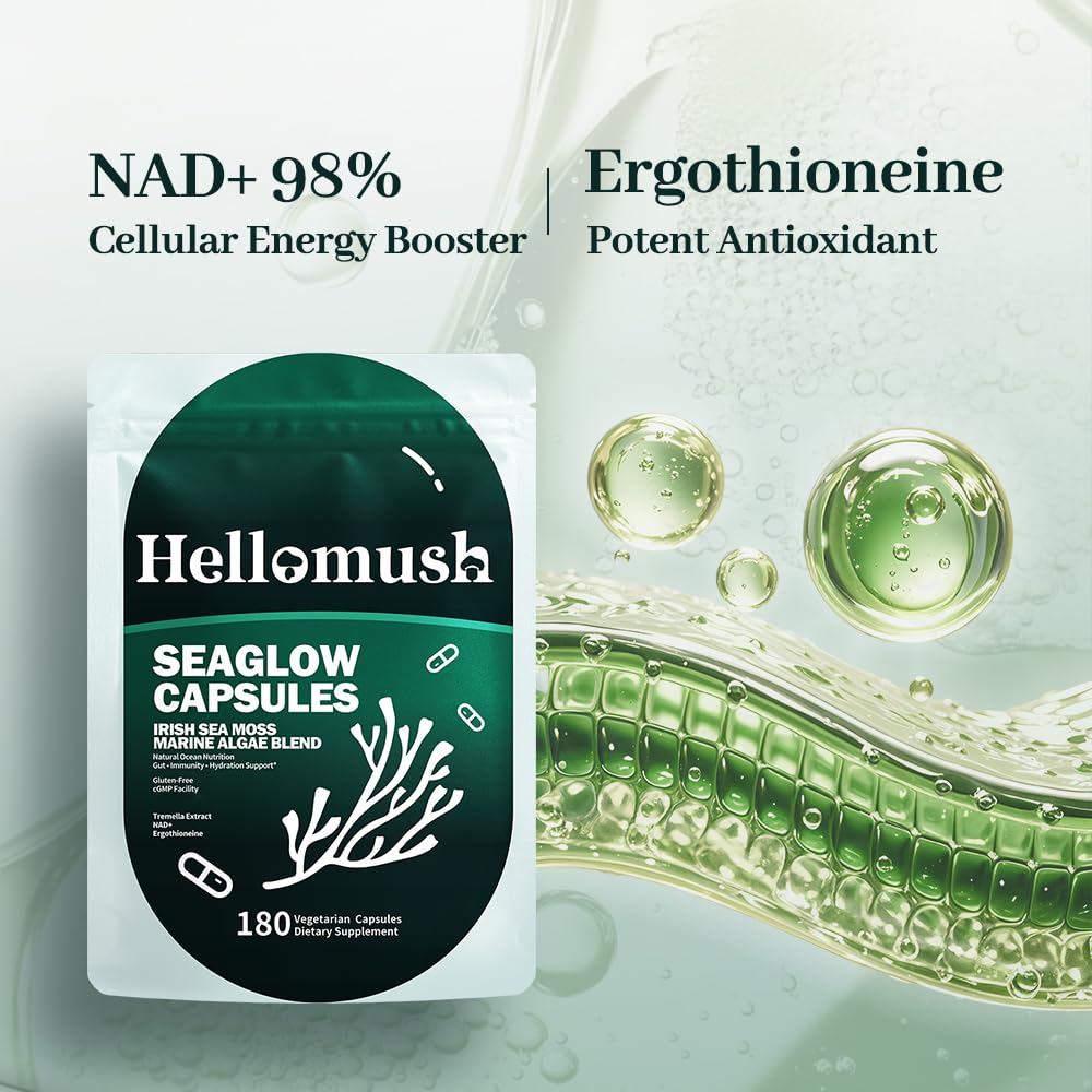 Hellomush Organic Sea Moss Capsules with Reishi & Tremella 10:1 Extract, Immune Support, 180 Capsules