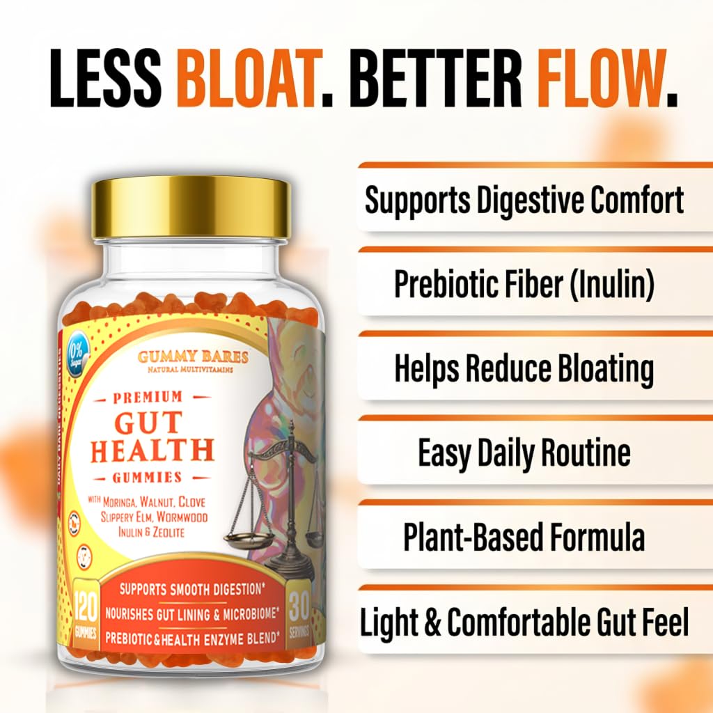 Gummy Bares Natural Multivitamins Gut Support Gummies with Prebiotic Fiber (Inulin) for Digestive Comfort, Gut Microbiome, Gas & Bloating, and Regularity Support, 120 Gummies