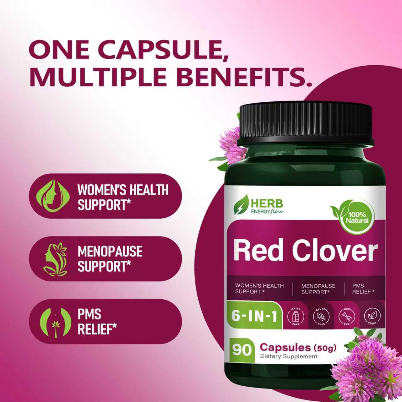 HERBENERGYflow Red Clover Herb Supplement Capsules, 90 Count