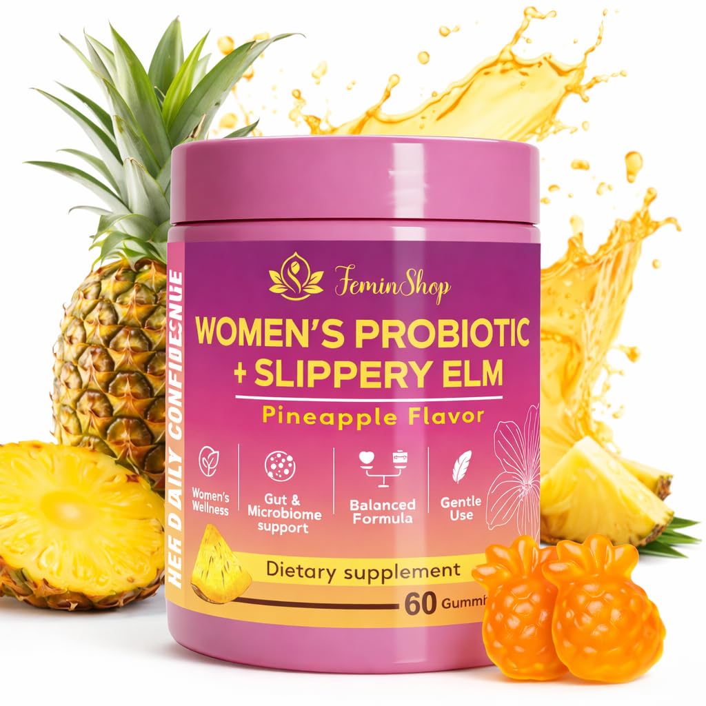 AJO MERCHANDISE Her Juicy Women’s Probiotic Gummies with Slippery Elm & Prebiotic XOS, Lactobacillus Blend, Support pH Balance for Women, Pineapple Flavor, 60 Gummies