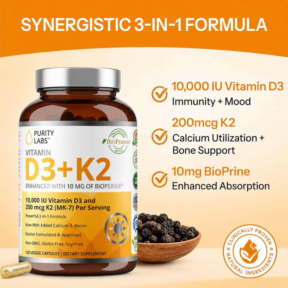Purity Labs Vitamin D3 K2 10000 IU (250mcg) D3 + 200mcg K2 MK7 Capsule 120 Count