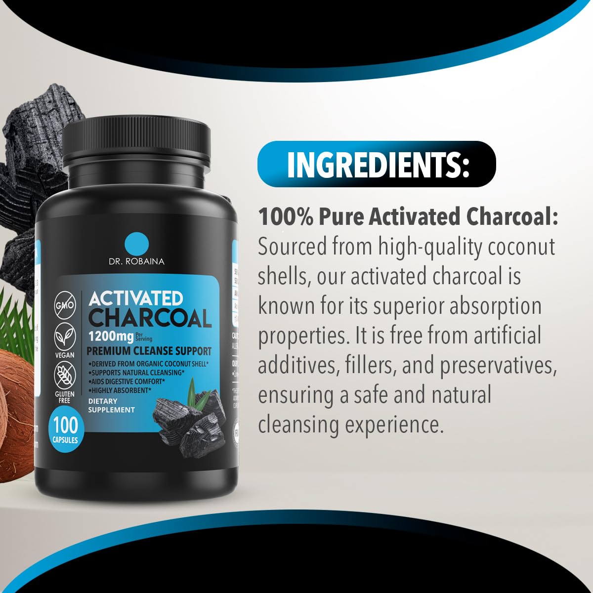 Dr. Robaina Activated Charcoal Capsules 1200 mg, 100 Count