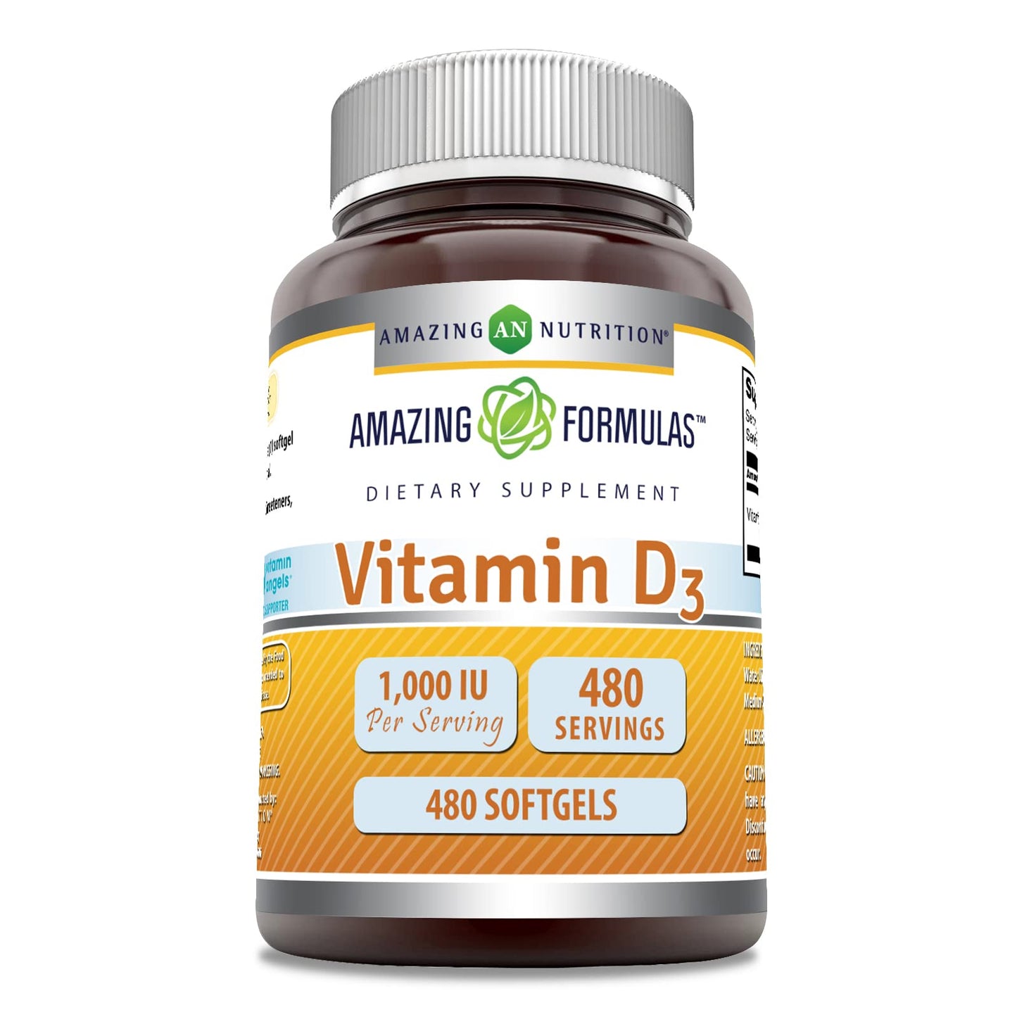 Amazing Nutrition Vitamin D3 1000 IU Softgels, Non-GMO, Gluten Free, 480 Count
