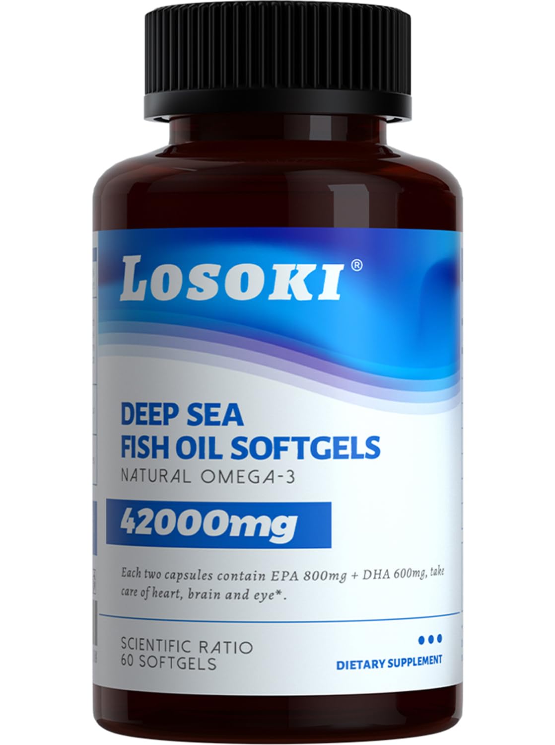 Losoki Deep Sea Fish Oil - 1000 mg EPA & DHA, Omega-3 Fatty Acids, Wild Caught Fish, Premium Burpless Softgel Supplements, 60 Softgels