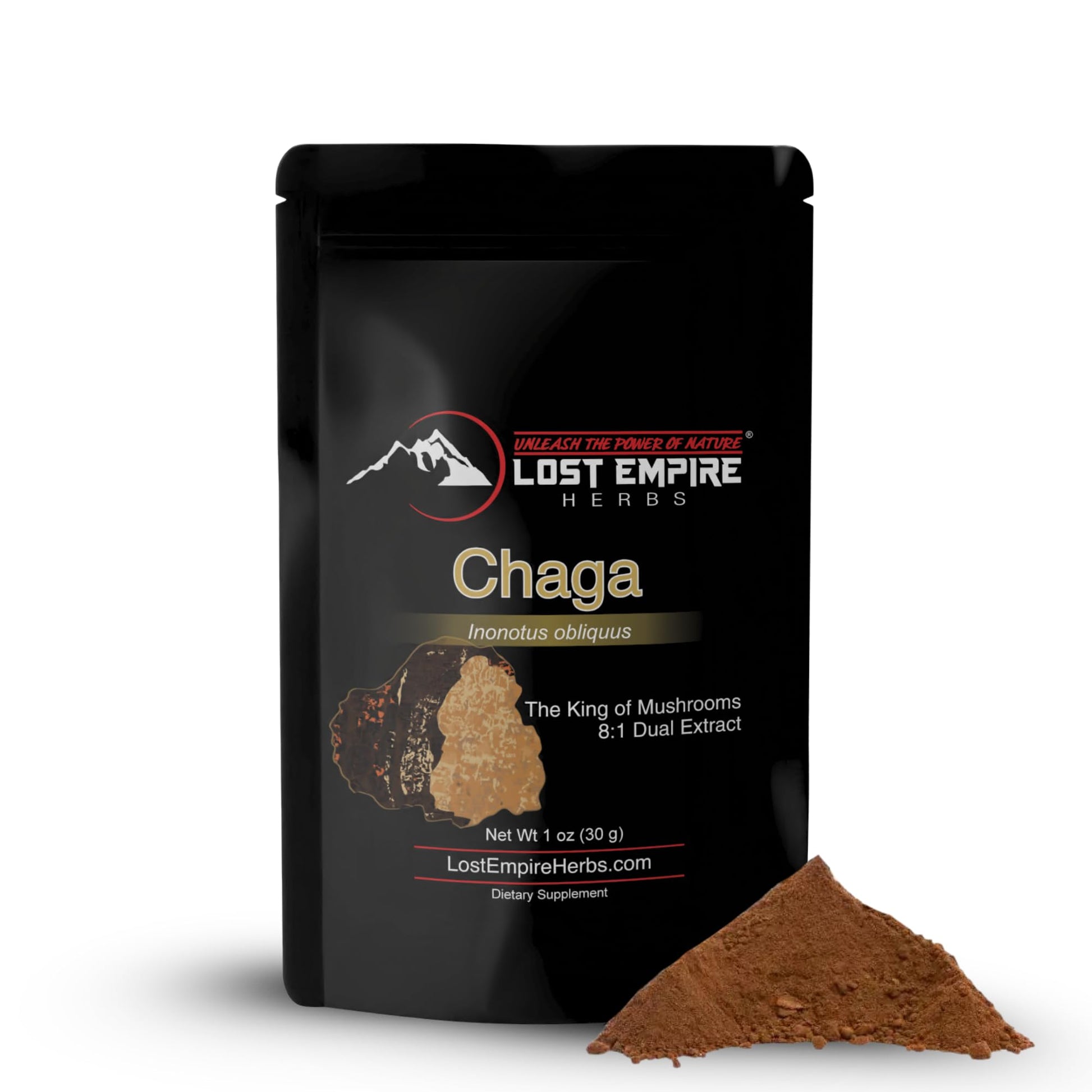 Lost Empire Herbs Chaga Mushroom Powder 8:1 Dual Extract from Real Mushrooms Not Mycelium, 1.0582 oz