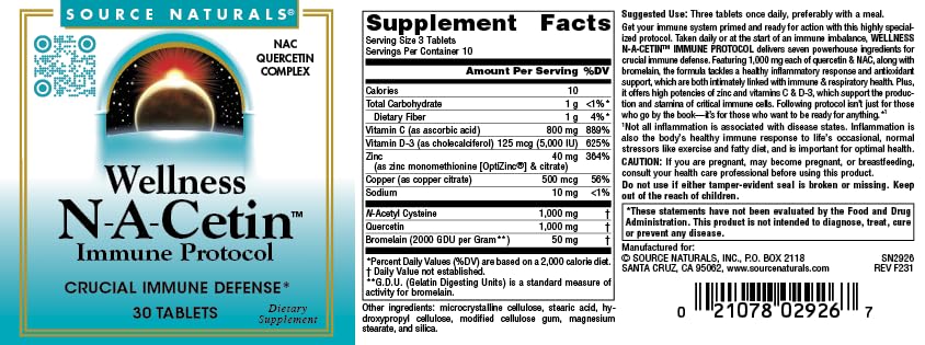 Source Naturals Wellness N-A-Cetin Immune Protocol, Crucial Immune Defense, 30 Tablets