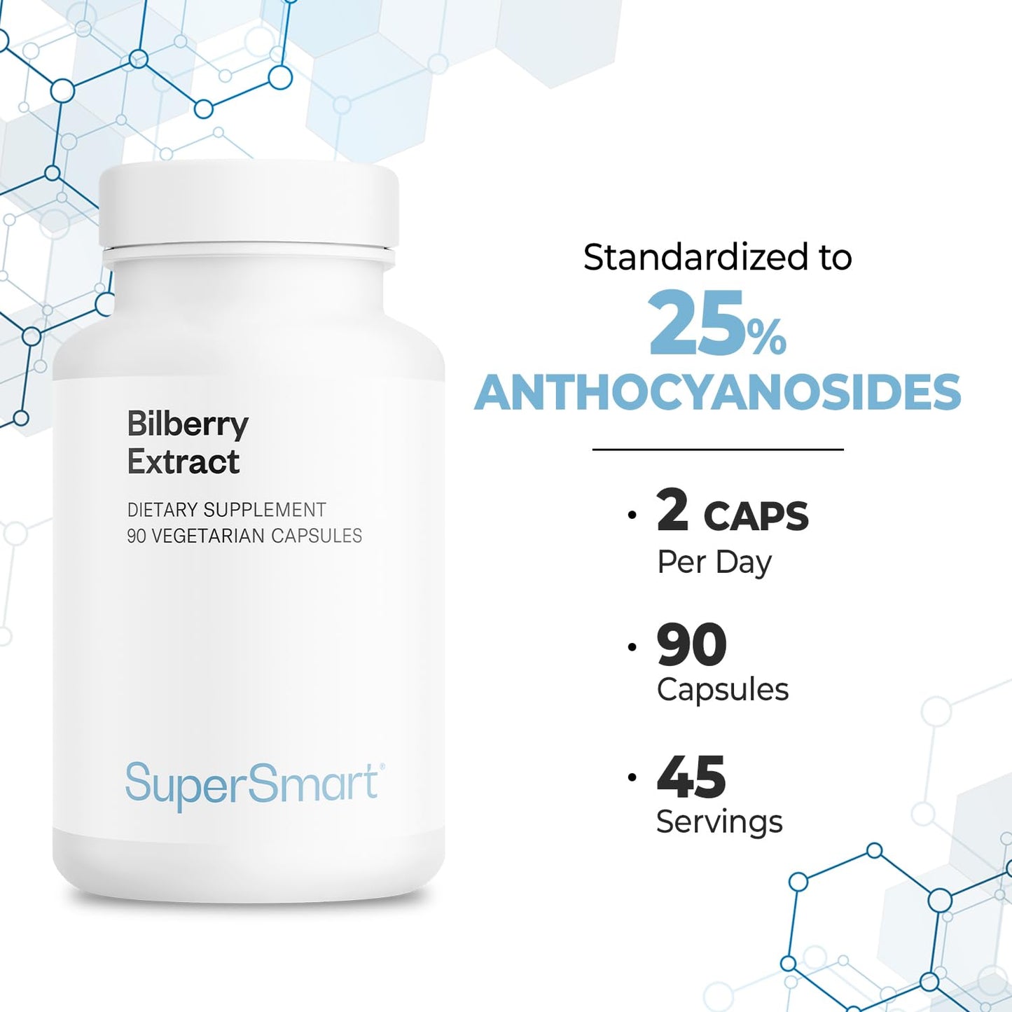 Supersmart Bilberry Extract (High Strength) - 25% Anthocyanin, Bilberry Eye Support Supplement, Vaccinium Myrtillus Fruit, Non-GMO & Gluten Free, 90 Vegetarian Capsules