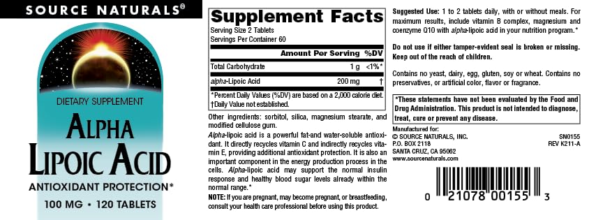 Source Naturals Alpha Lipoic Acid 120 Tablets