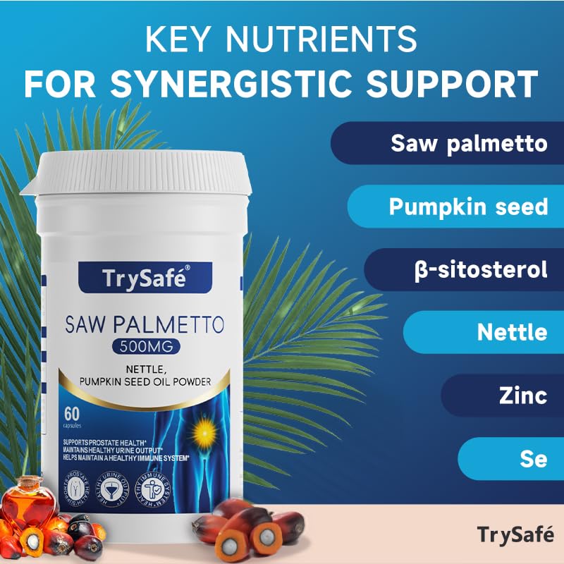 TrySafe 7-in-1 500mg Saw Palmetto for Men Prostate Health with 200mg Nettle and 200mg Pumpkin Seed Oil, 60 Capsules
