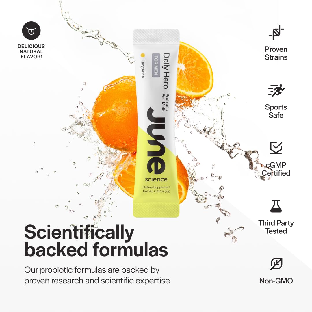 June Science Daily Hero for Men Fast Melt Pre + Probiotic for Men - Tangerine Flavor Powder, 2.1 oz