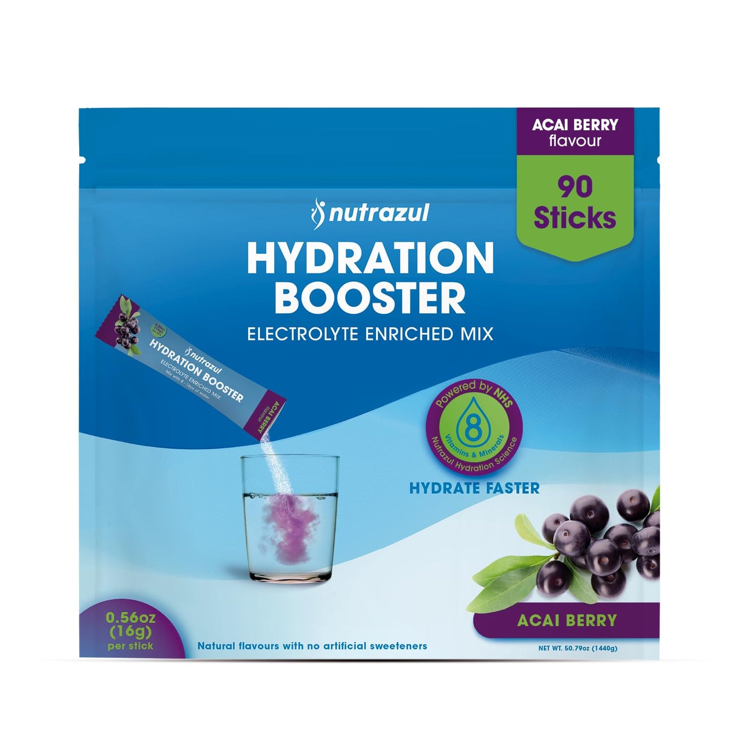 Nutrazul Hydration Booster Electrolytes Powder Sticks Acai Berry Flavor, 90 Sticks