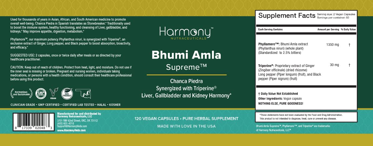 Harmony Nutraceuticals Bhumi Amla Supreme Chanca Piedra Capsules, 120 Count