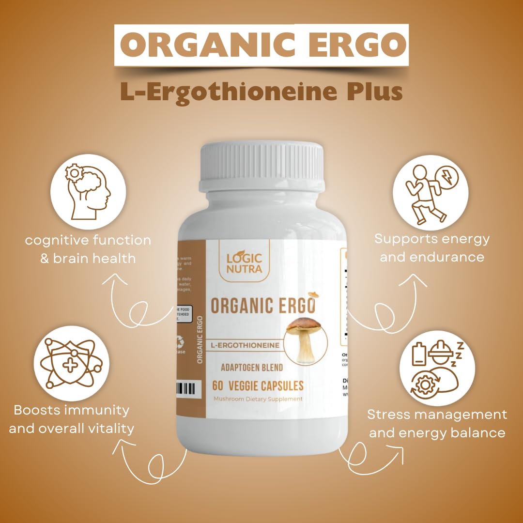 Logic Nutra L-Ergothioneine Plus Organic Blend of Cordyceps Mushroom, Lion’s Mane, Reishi, Astragalus, Siberian Ginseng, Ashwagandha Capsules, 60 Count