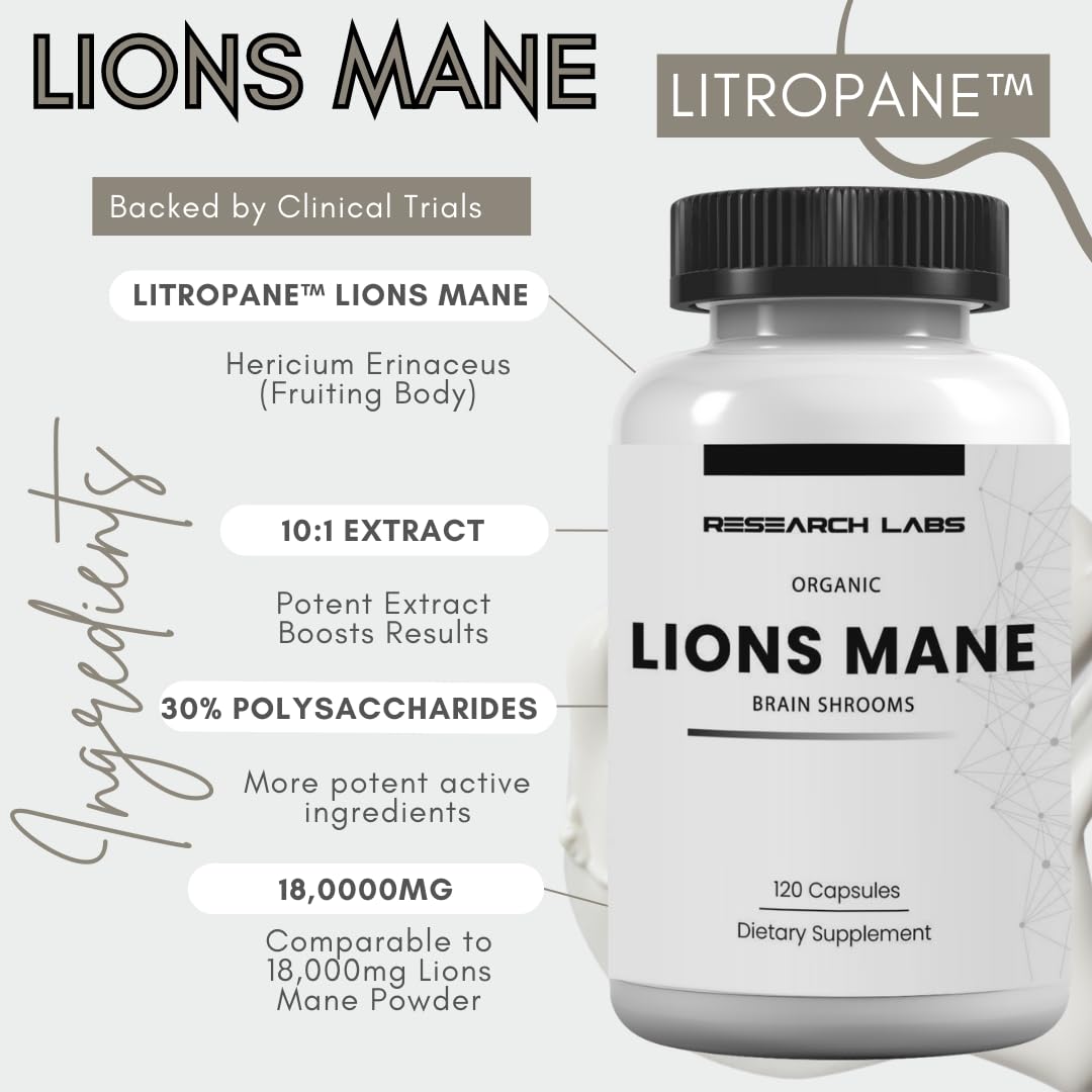 Research Labs Organic Lions Mane Supplement Capsules, 240 Capsules