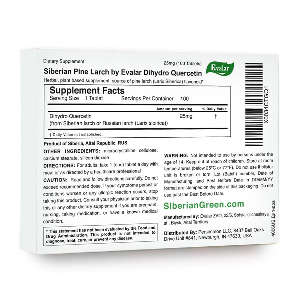 Evalar Dihydro Quercetin Siberian Pine Larch Bioflavonoid Tablet 100 Tablets