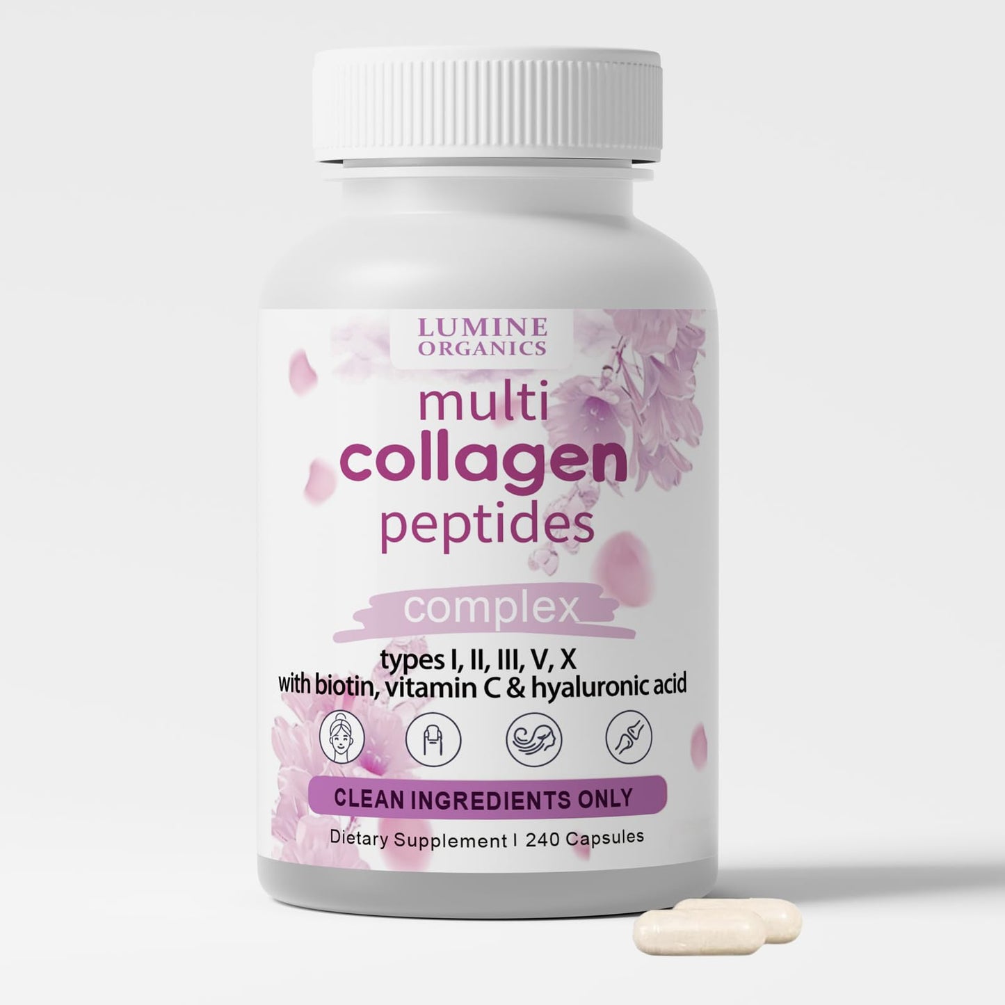 Lumine Organics Collagen Peptides Capsules with Biotin, Hyaluronic Acid, Vitamin C, Non-GMO, 240 Count