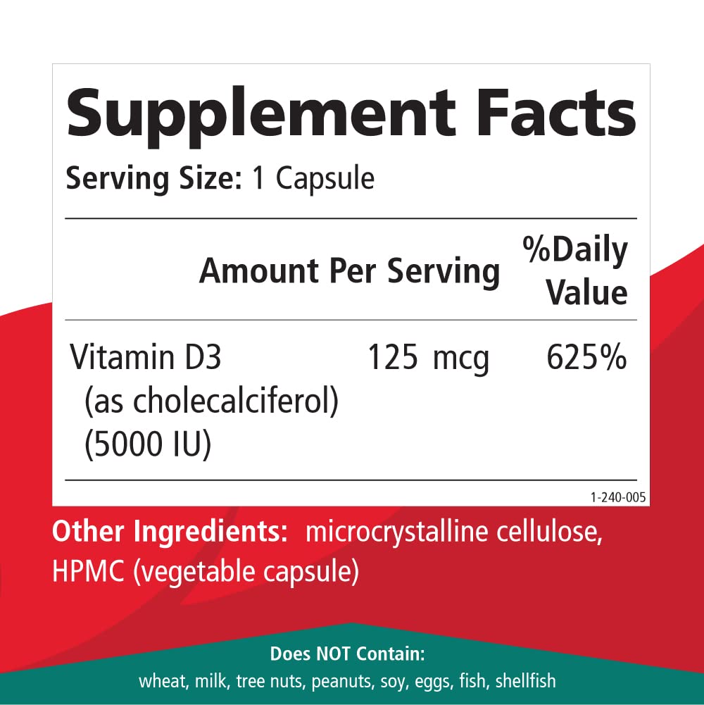 Pure Essence Labs Vitamin D3 5000 IU Capsules, 30 Count