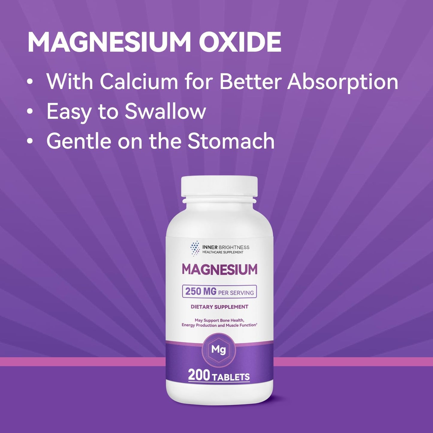 Inner Brightness Pure Magnesium 250mg Supplement with Calcium – High Absorption Magnesium Capsules for Bone Strength, Muscle Function, Relaxation & Sleep Support – 200 Capsules, Vegan, Non-GMO