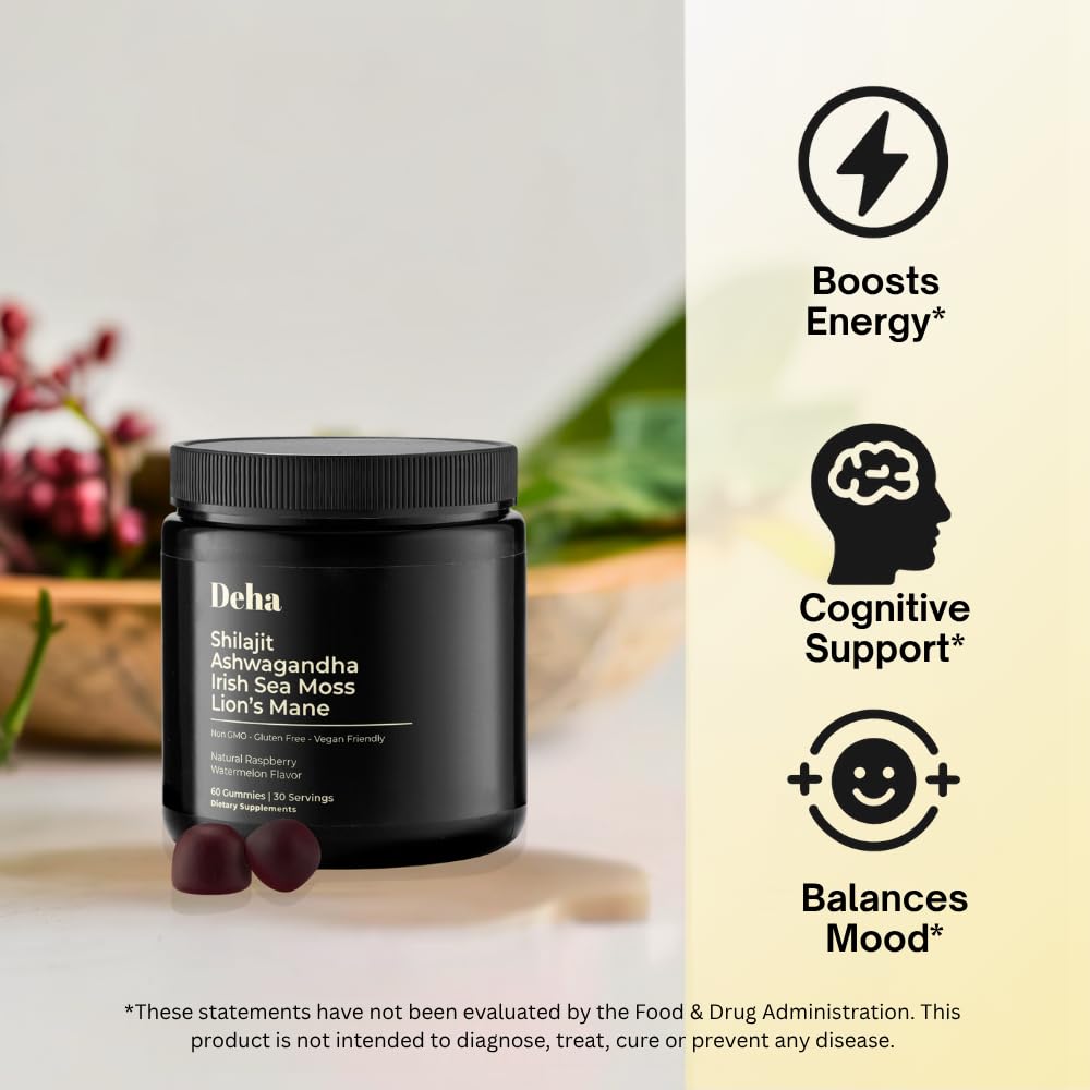 Deha Shilajit Gummies for Men & Women with Ashwagandha, Irish Sea Moss, Lion’s Mane, Beet Root & Black Seed Extract – Raspberry Watermelon Flavor – Vegan, Non-GMO, Gluten-Free 60 Gummies